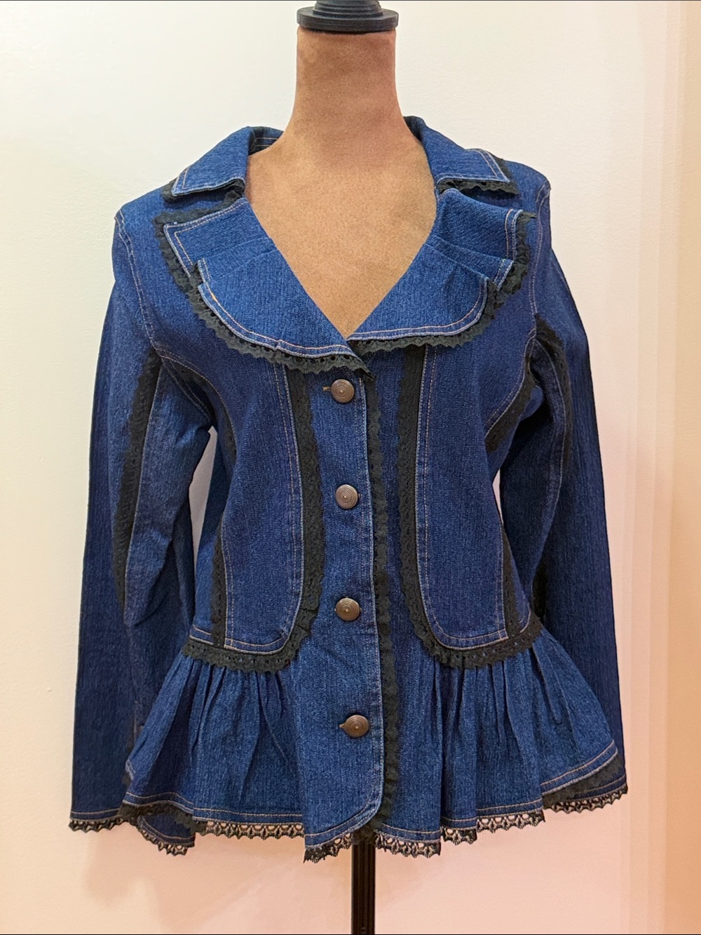 The Pyramid Collection Dark Blue Jean Jacket Ruffle and Lace Trim. Medium NWOT